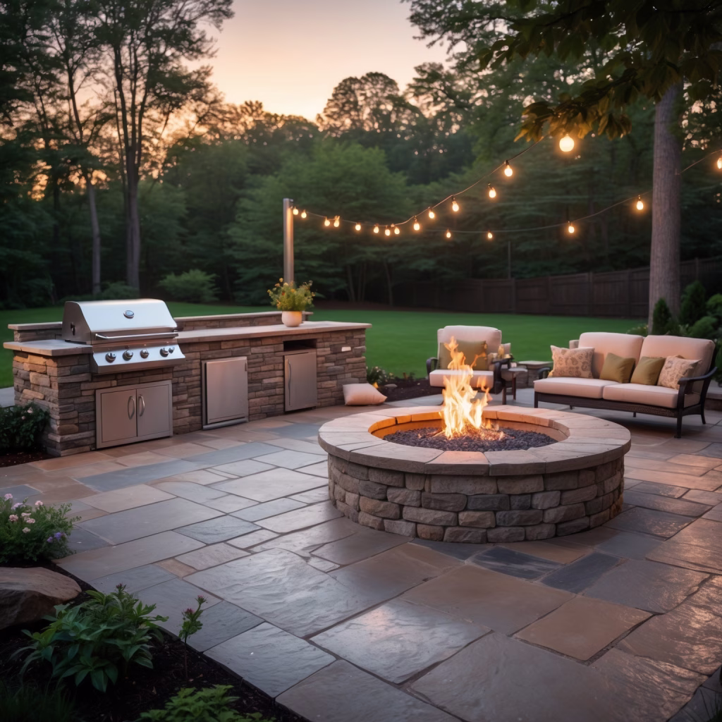 Custom flagstone patio, stone outdoor kitchen, and masonry fire pit in a Clarksville, TN residential backyard