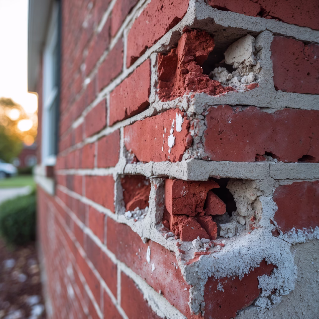 Cracked brick wall with deteriorating mortar joints and early efflorescence on a Clarksville, TN home