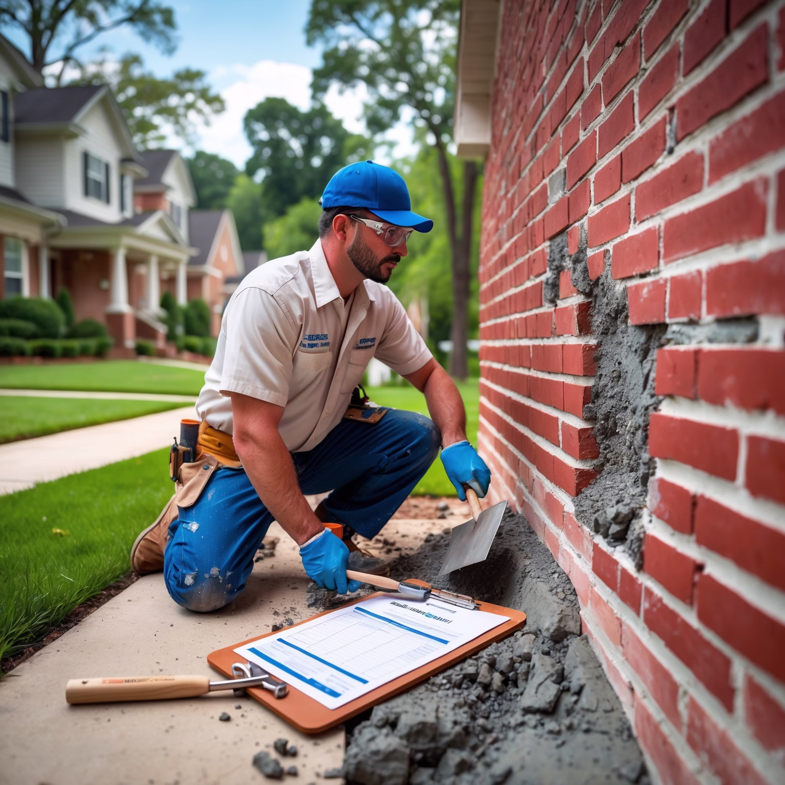 Masonry contractor reviewing a brick repair estimate at a residential property in Clarksville, TN