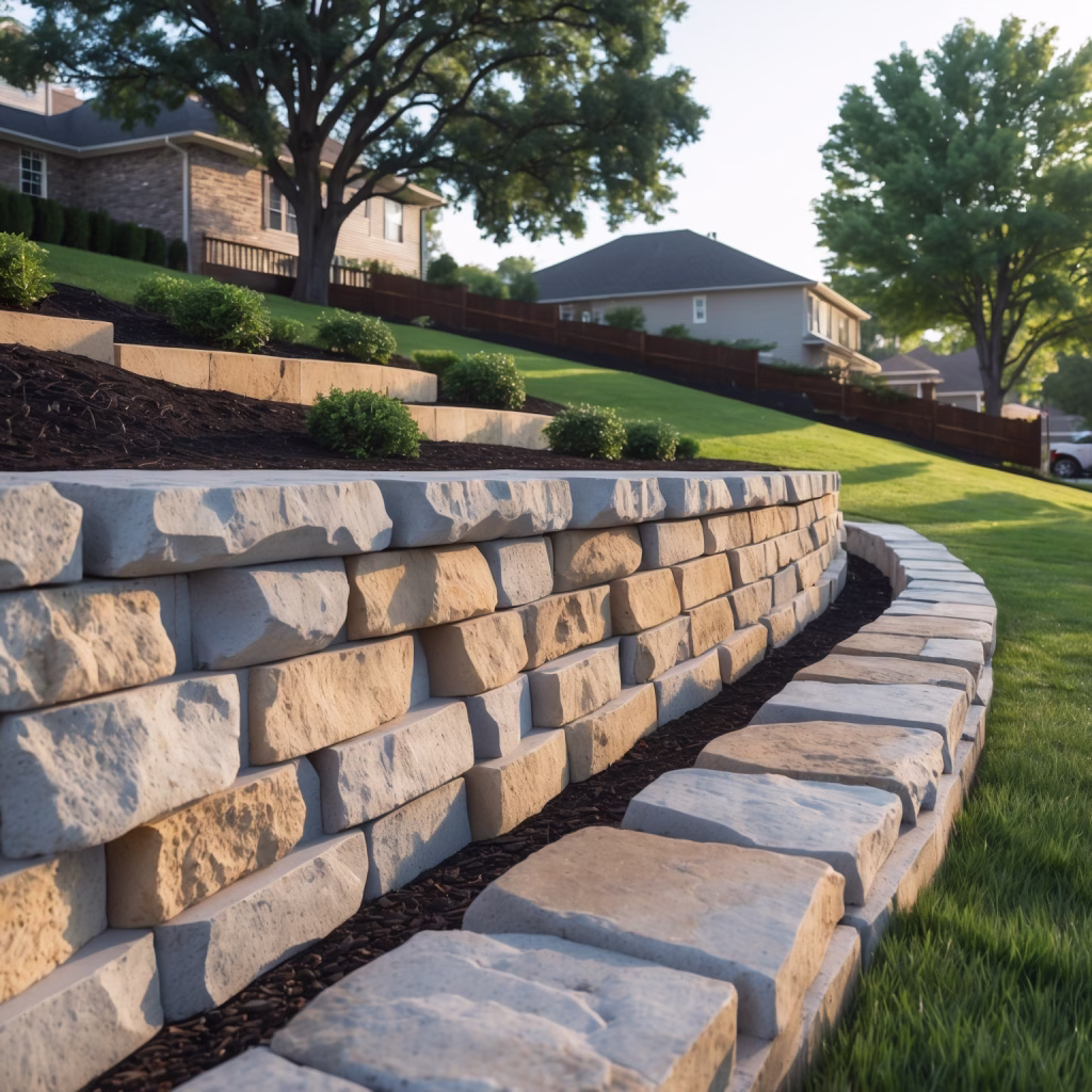 Professionally built natural stone retaining wall with tiered landscaping in a residential Clarksville, TN backyard