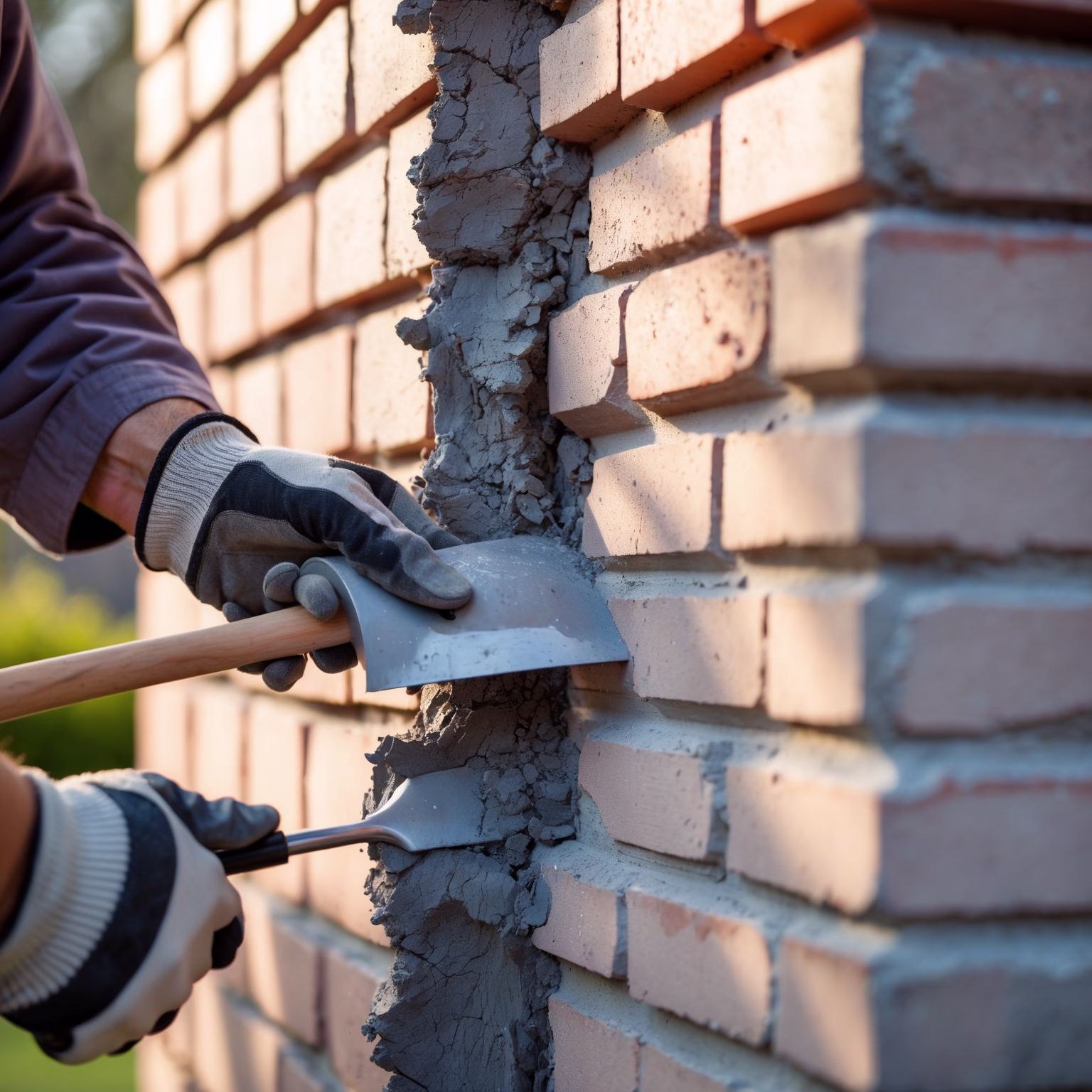 Masonry contractor applying fresh mortar to brick wall joints during a tuckpointing repair on a Clarksville, TN home