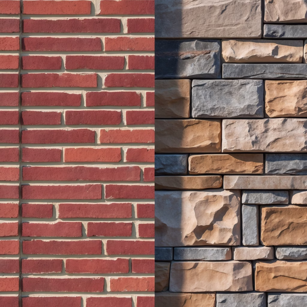 Side-by-side comparison of red brick masonry and natural stone masonry on a residential property in Clarksville, TN