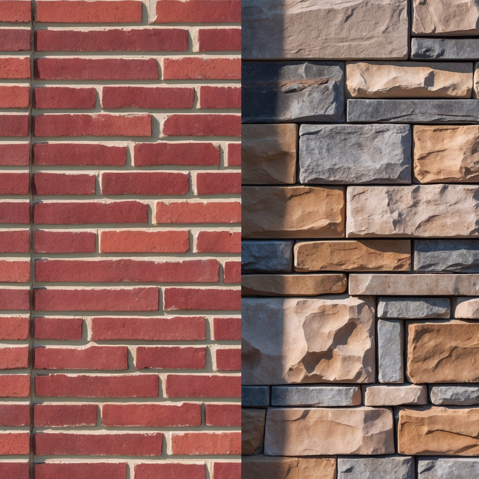 Side-by-side comparison of red brick masonry and natural stone masonry on a residential property in Clarksville, TN